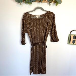 Michael MK Brown Gold Belted Chain Pattern Dress